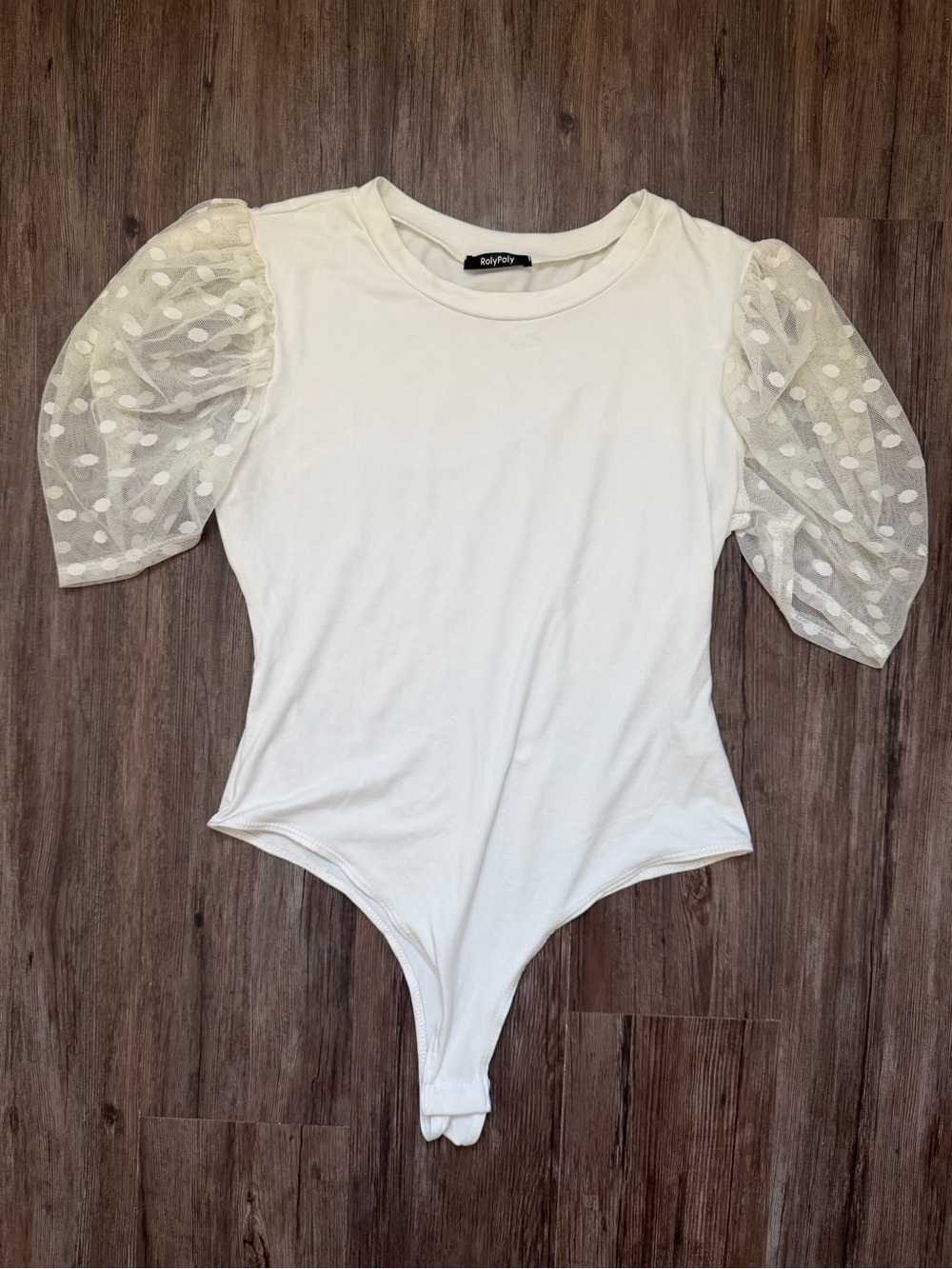 Polly & Esther Ivory Puff-Sleeve Mesh Dot Bodysuit